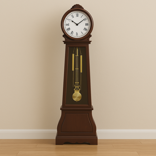 Wooden grandfather floor clock with quartz movement, Westminster chime, rich wood finish, intricate clock face, and pendulum design – elegant freestanding clock for traditional homes, offices, or formal interiors