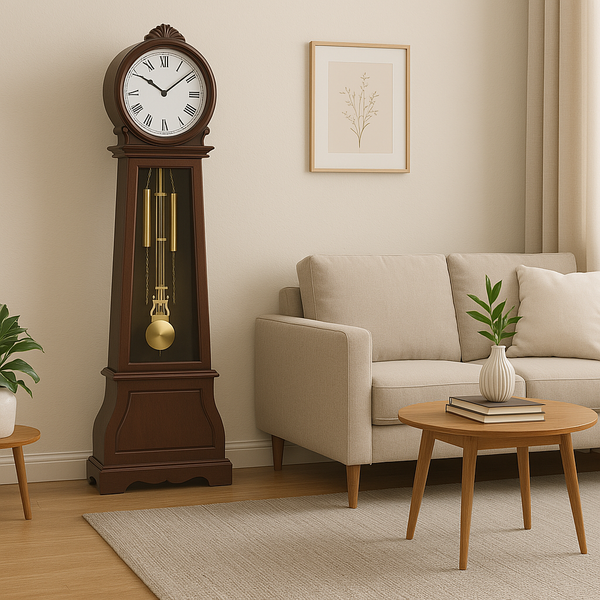 Wooden grandfather floor clock with quartz movement, Westminster chime, rich wood finish, intricate clock face, and pendulum design – elegant freestanding clock for traditional homes, offices, or formal interiors