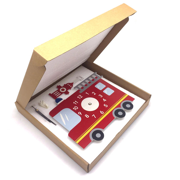 firetruck cartoon wall clock for kids with silent analog movement and educational time-teaching design