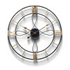 large industrial wall clock with black metal frame and gold roman numerals for vintage modern home decor