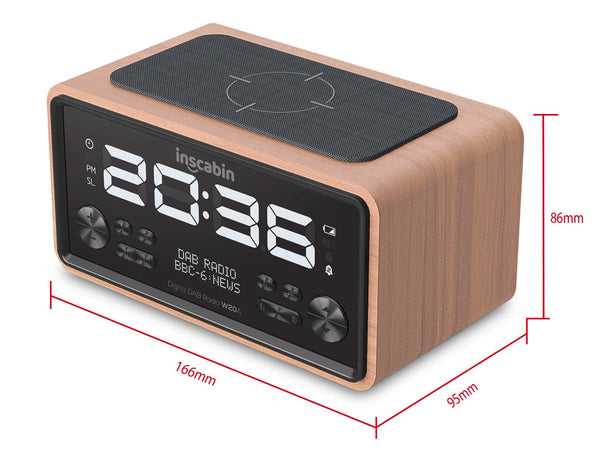 composite wood alarm clock with bluetooth, DAB/FM radio, and wireless charging for modern bedroom deco