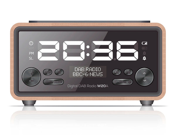composite wood alarm clock with bluetooth, DAB/FM radio, and wireless charging for modern bedroom deco