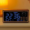 wooden alarm clock with digital display, FM radio, wireless charging, and motion sensor for modern luxury bedroom decor