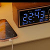wooden alarm clock with digital display, FM radio, wireless charging, and motion sensor for modern luxury bedroom decor