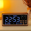 wooden alarm clock with digital display, FM radio, wireless charging, and motion sensor for modern luxury bedroom decor