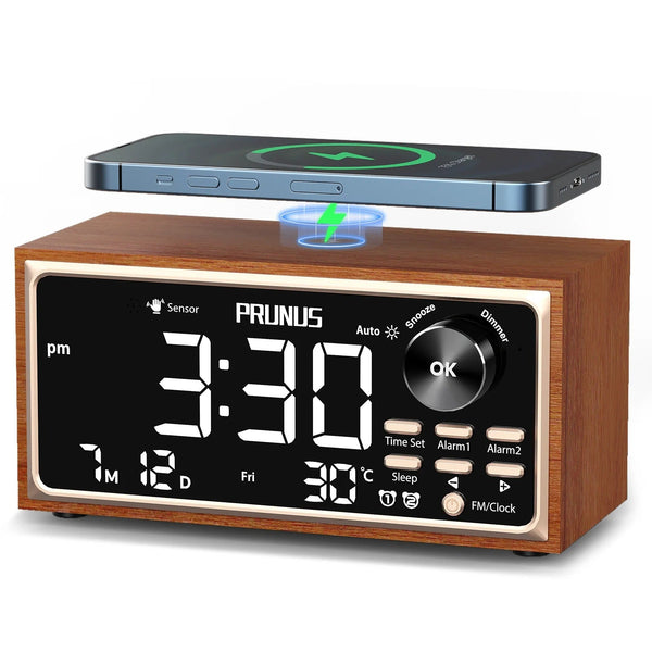 wooden alarm clock with digital display, FM radio, wireless charging, and motion sensor for modern luxury bedroom decor