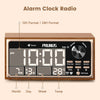 wooden alarm clock with digital display, FM radio, wireless charging, and motion sensor for modern luxury bedroom decor