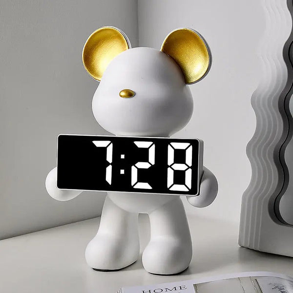 luxury bear-shaped designer alarm clock with LED display and piggy bank function for modern bedroom or office decor